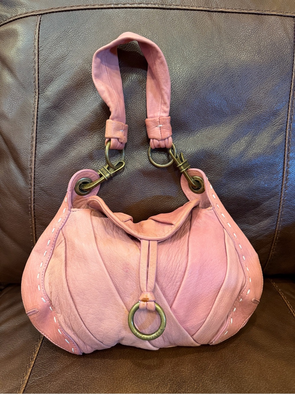 BCBGMaxAzria Dusty Rose Leather Shoulder Bag with Brass Rings